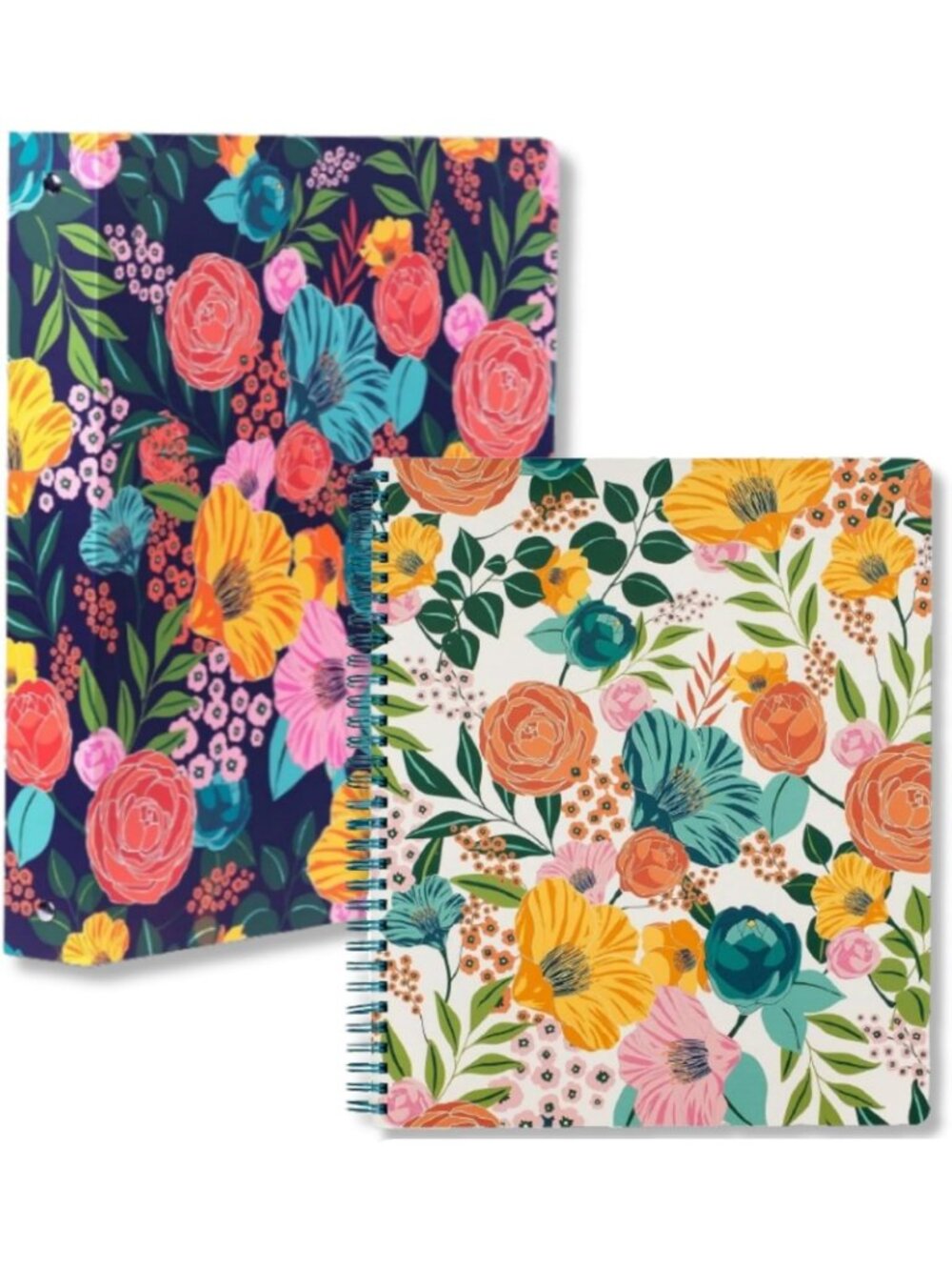 Large Spiral Notebook & 3 Ring Binder Set - Durable Hardcover, 160 Pages, Floral